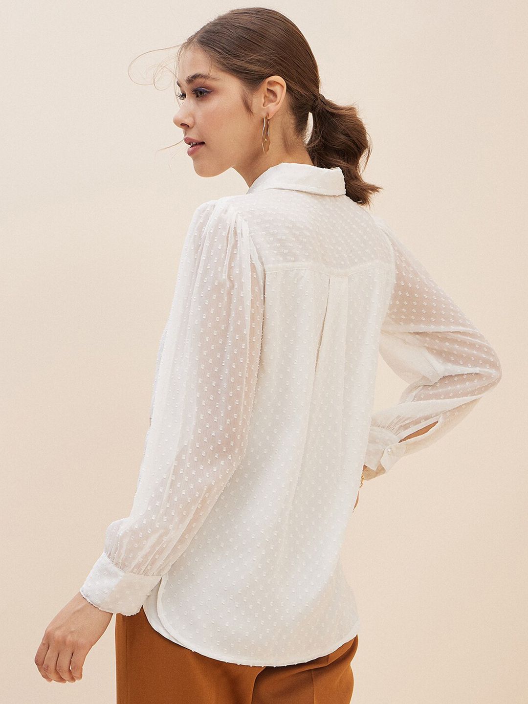 Antheaa White Floral Self Design Cuffed Sleeves Embroidered Detail Shirt Style Top
