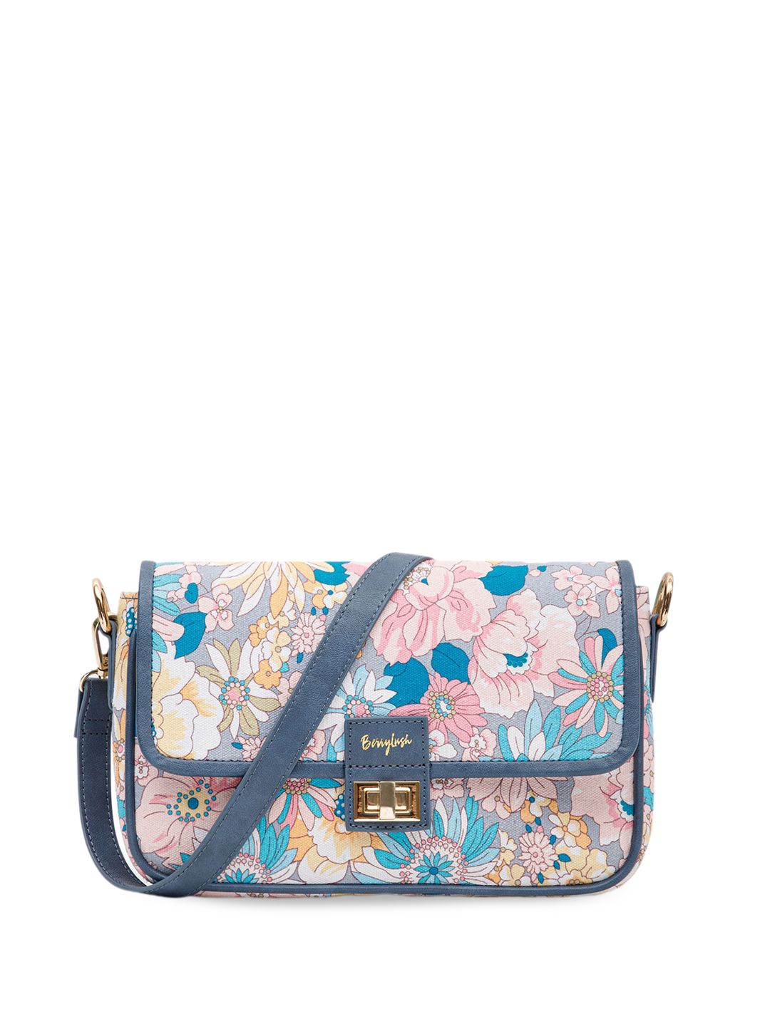 Berrylush Blue & Pink Floral Printed Structured Shoulder Bag