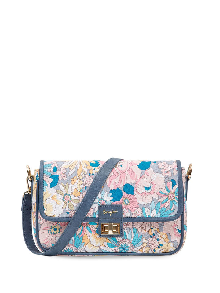Berrylush Blue & Pink Floral Printed Structured Shoulder Bag
