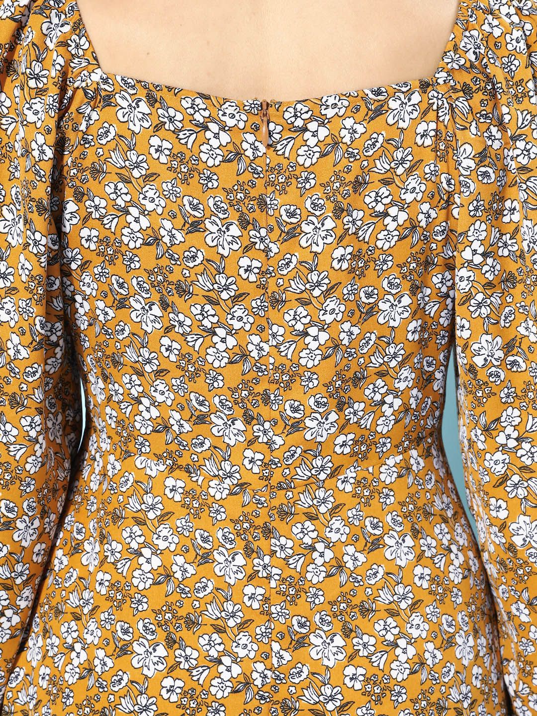 Berrylush Women Stylish Mustard Floral Puff Sleeves Dress