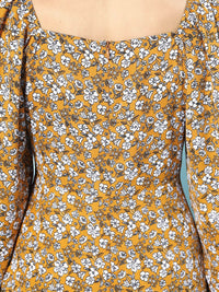 Berrylush Women Stylish Mustard Floral Puff Sleeves Dress