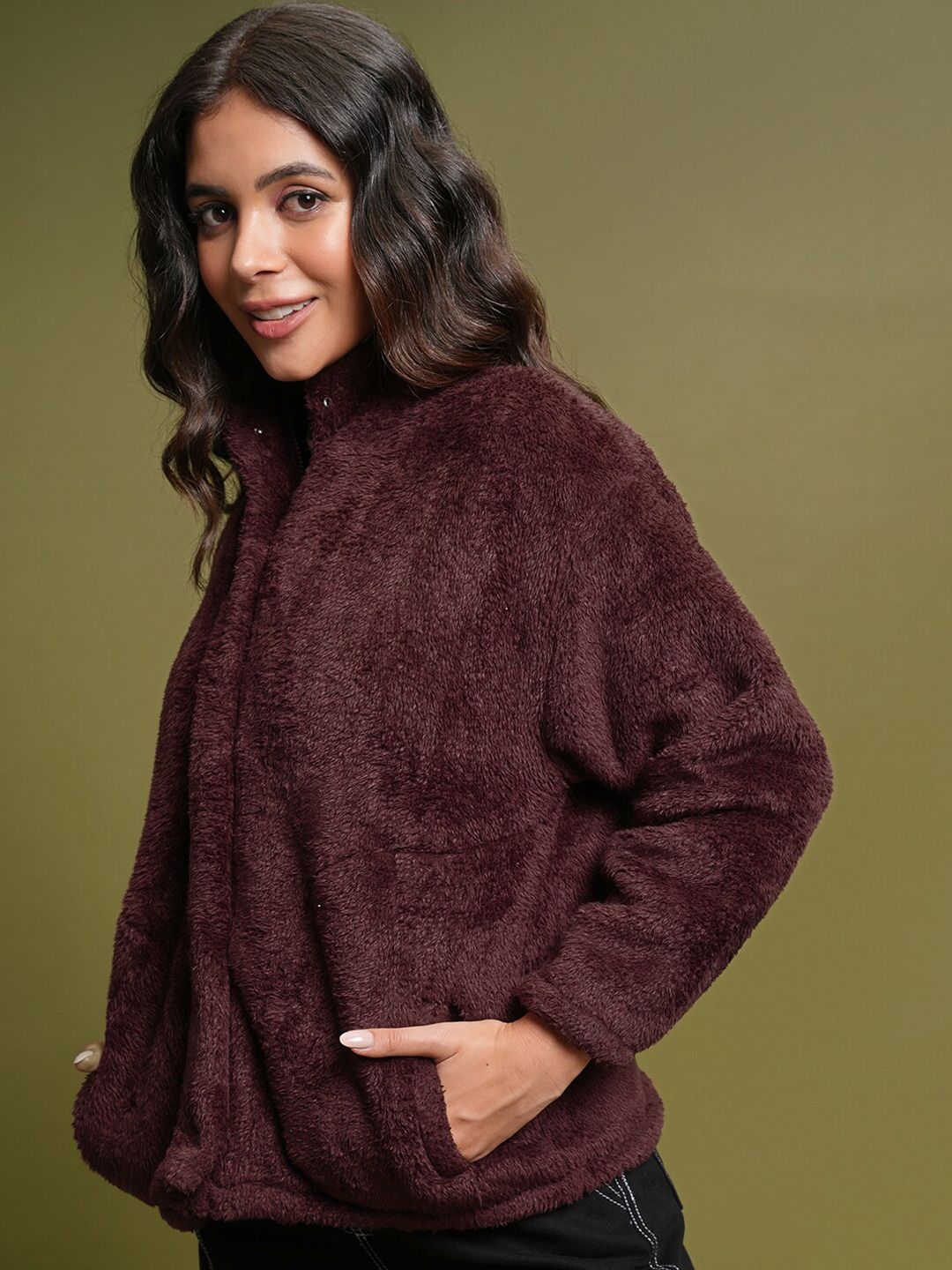 Tokyo Talkies Brown Self Design Open Front Jacket