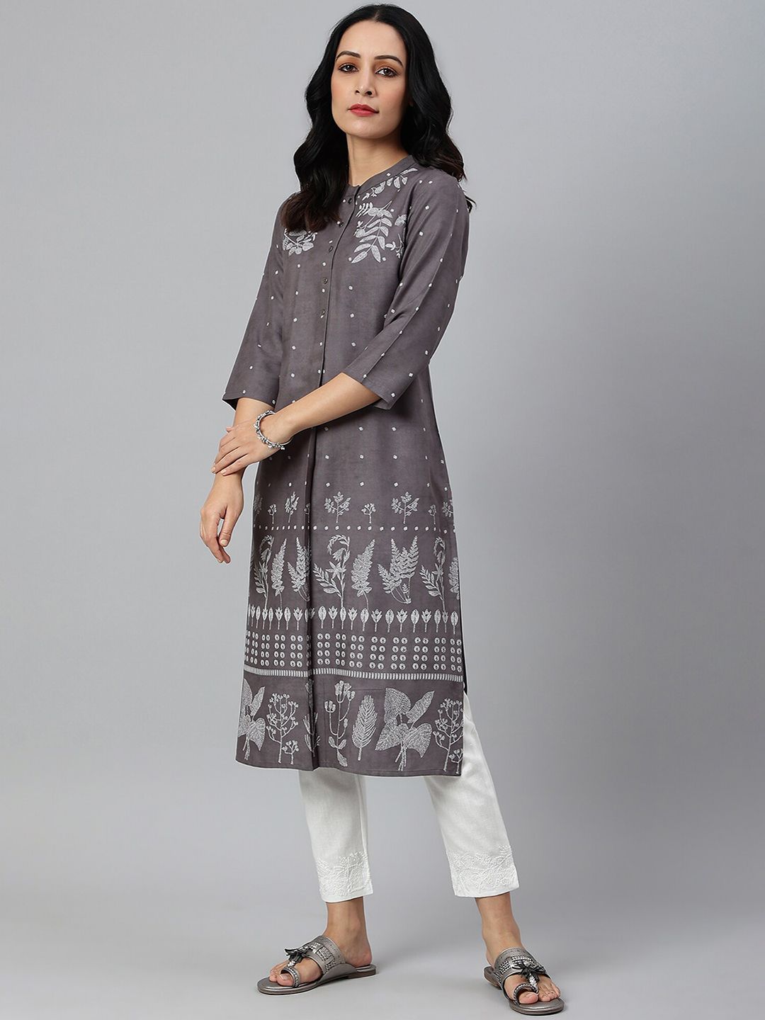 W Women Grey Floral Printed Handloom Kurta