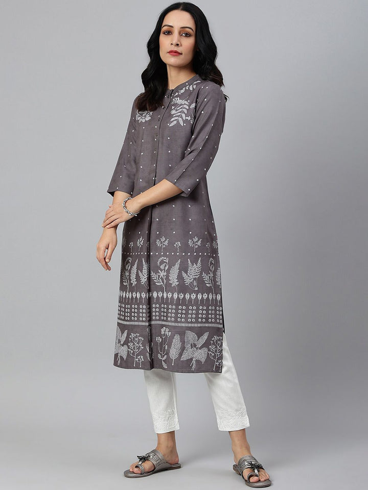 W Women Grey Floral Printed Handloom Kurta