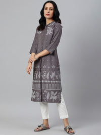 W Women Grey Floral Printed Handloom Kurta