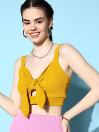 Berrylush Yellow Solid Tie-Ups Crepe Bralette Crop Top