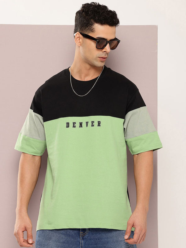 DILLINGER Men Typography Colourblocked Drop-Shoulder Sleeves Oversized Pure Cotton T-shirt