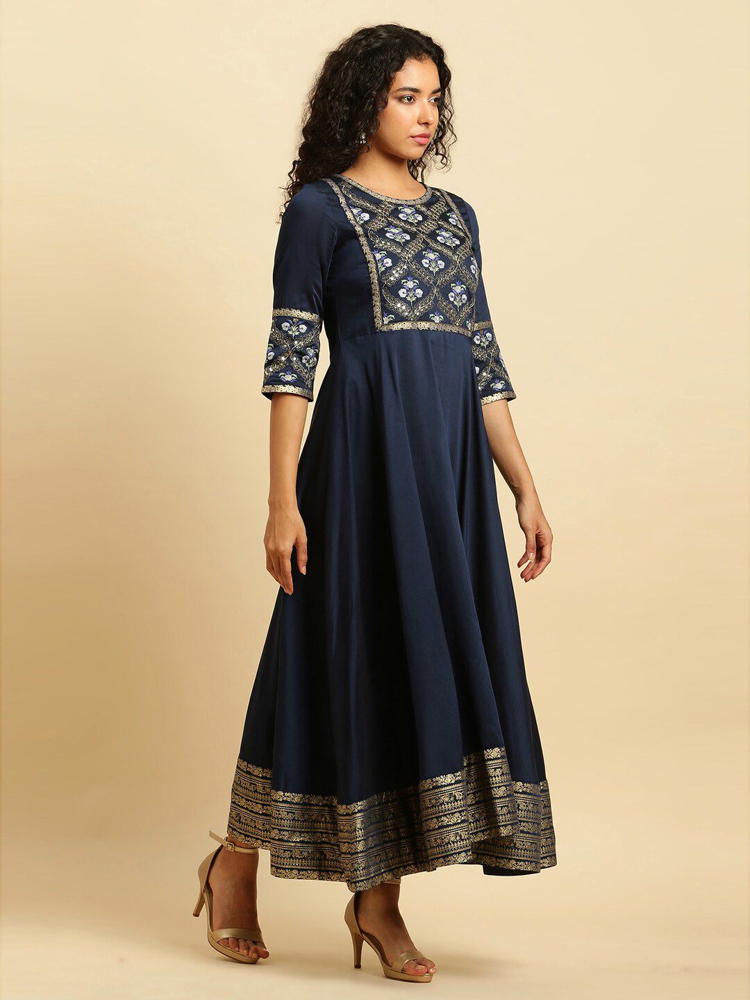 W Blue Floral Embroidered Sequined Maxi Ethnic Dress