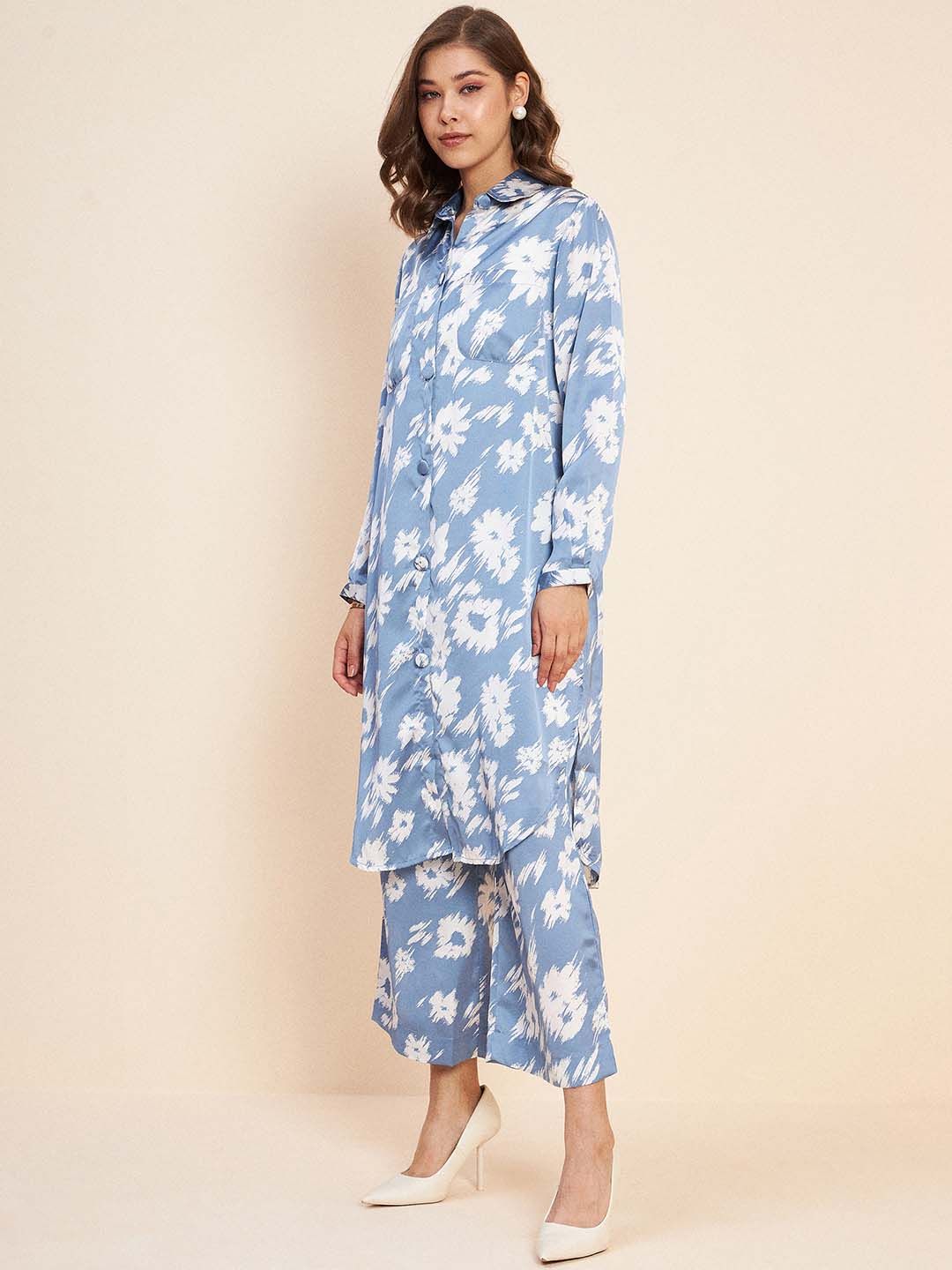 Antheaa Blue Floral Printed Shirt Collar Long Sleeve Satin Co-Ords