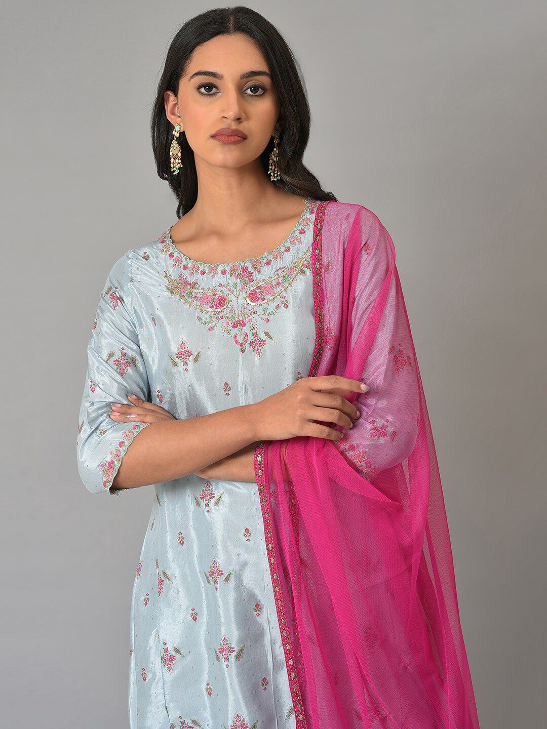 W Festive Floral Print Rayon Kurta With Salwar & Dupatta