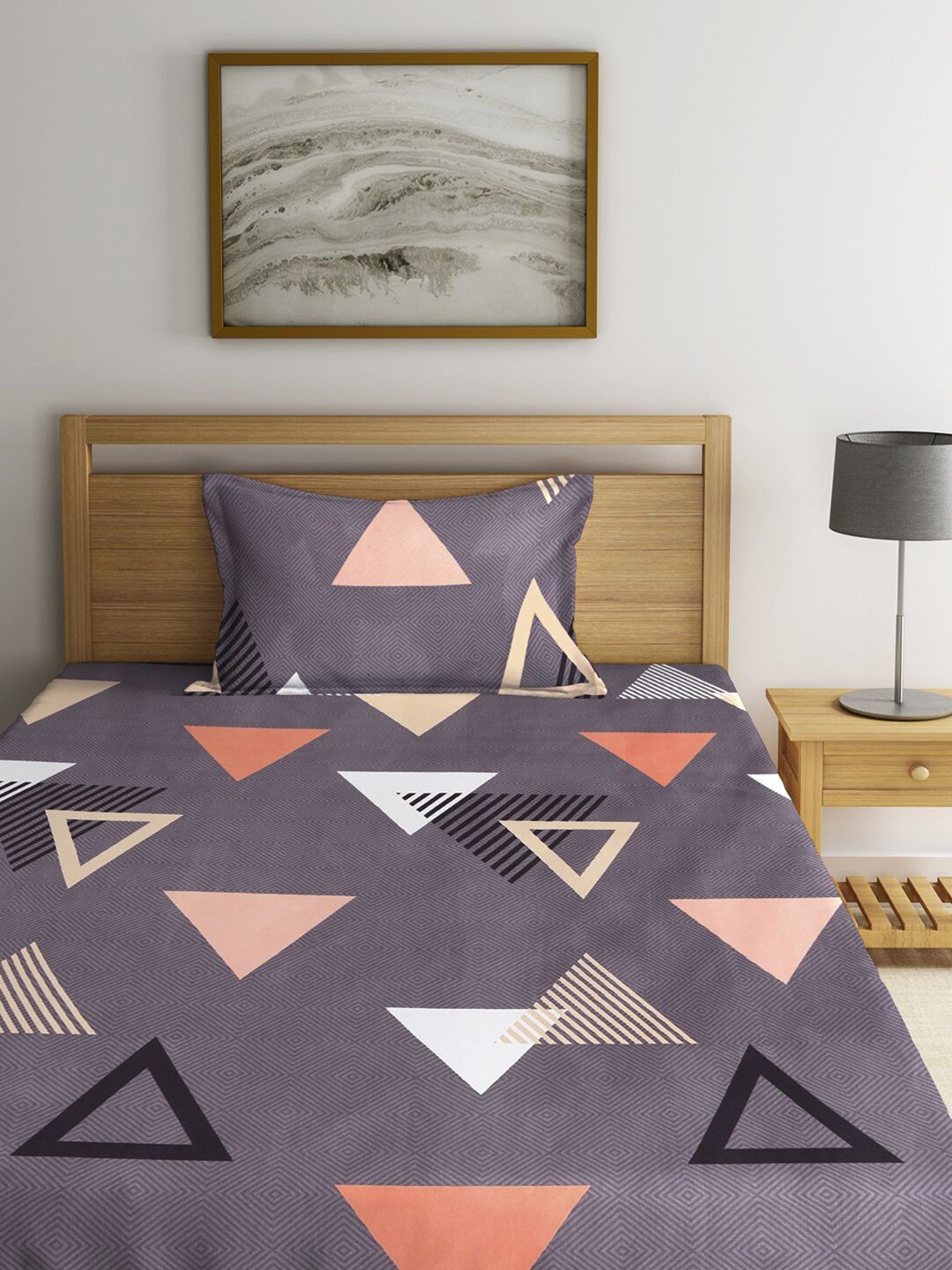 KLOTTHE Unisex Grey Geometric Cotton Blend Single Bedsheet with Pillow Cover