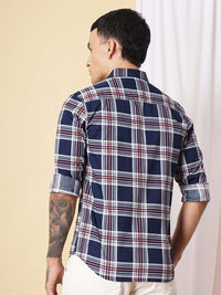 The Indian Garage Co Men Navy Blue & White Slim Fit Tartan Checks Checked Casual Shirt