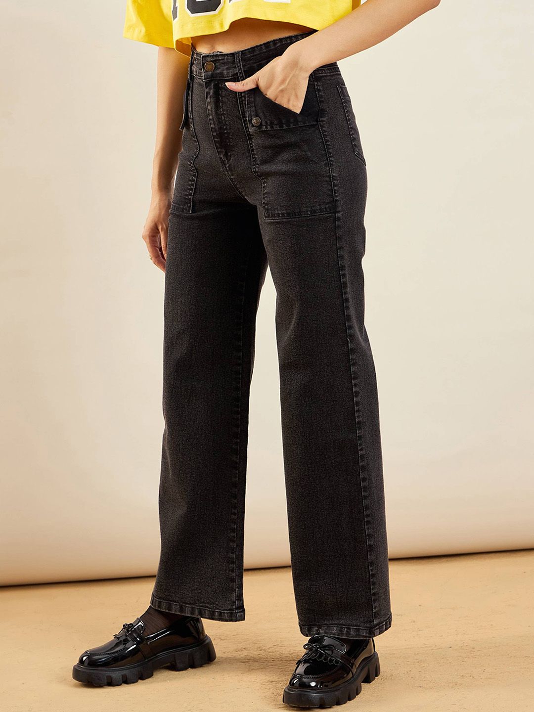 SASSAFRAS Women Straight Fit High-Rise Clean Look Acid Wash Stretchable Jeans