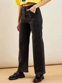 SASSAFRAS Women Straight Fit High-Rise Clean Look Acid Wash Stretchable Jeans