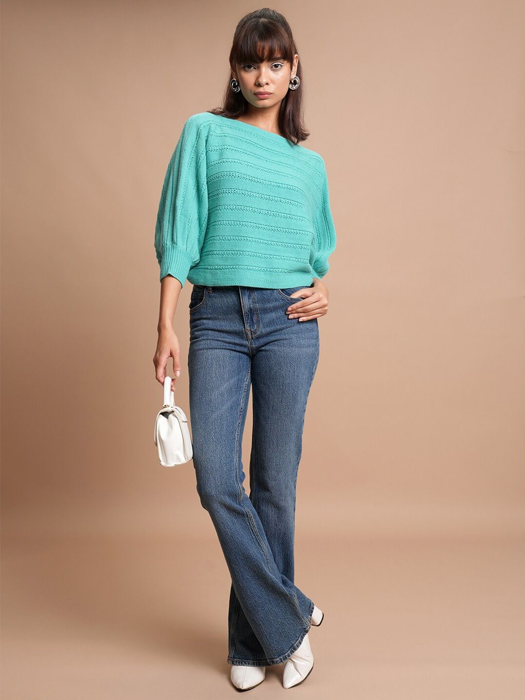 Tokyo Talkies Teal Blue Self Design Acrylic Pullover Sweater