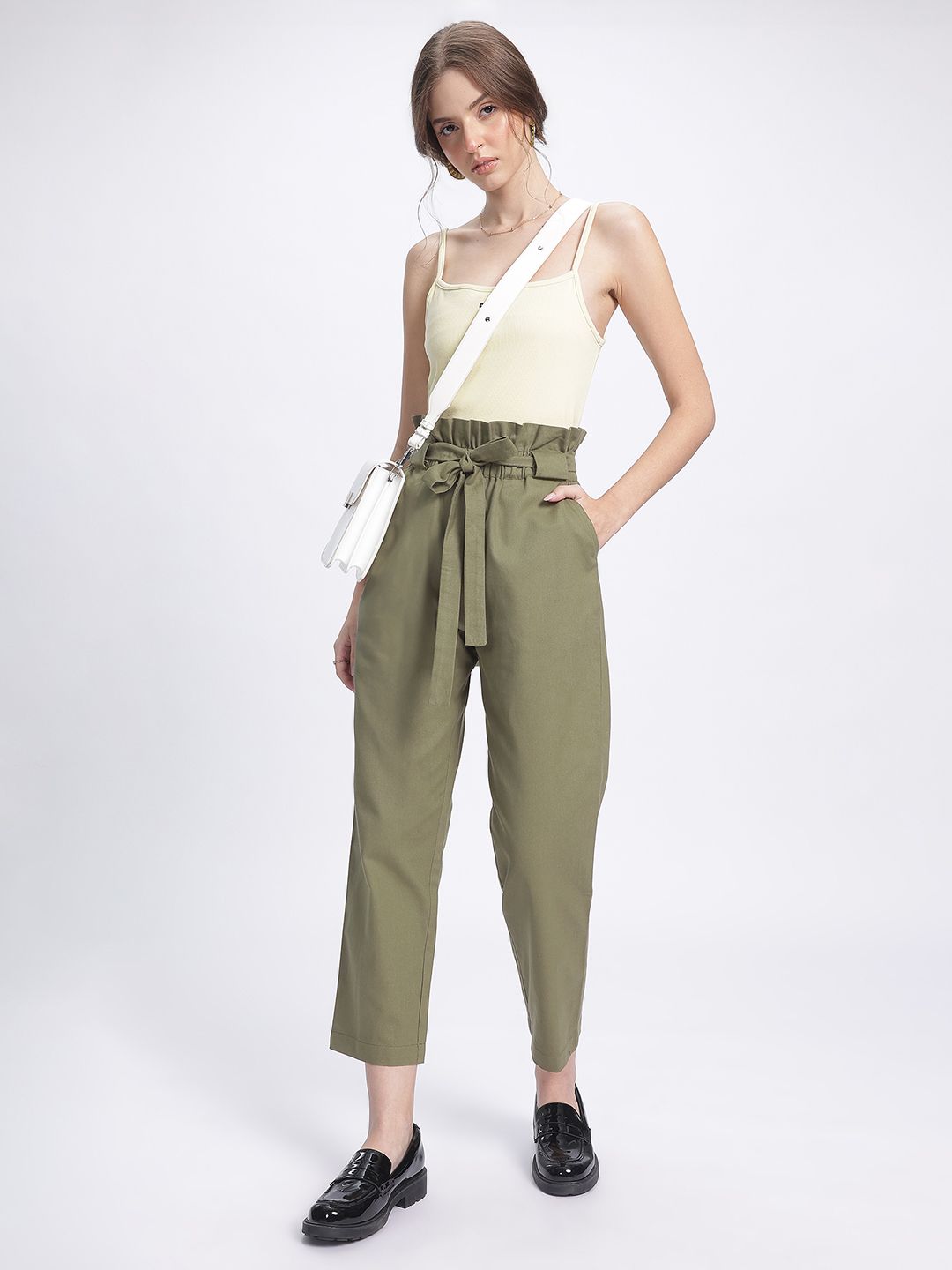 DressBerry Women Retro Rave Paperbag Waist Cropped Trousers
