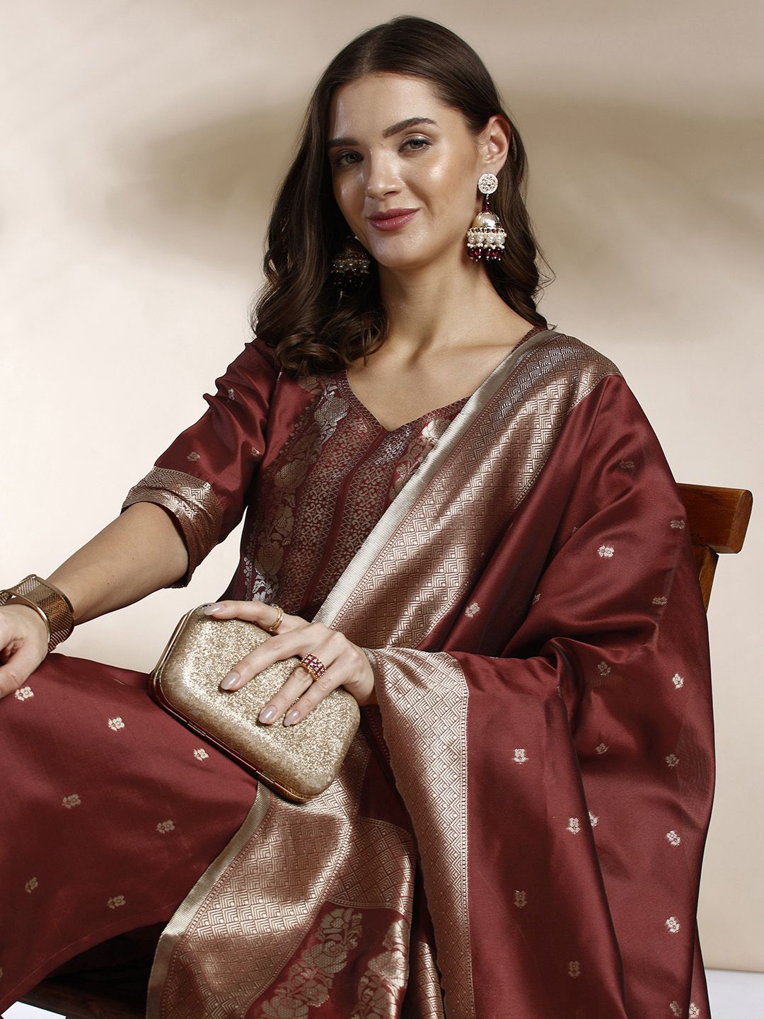 Anouk Zari Woven Design Kurta with Trousers & Dupatta