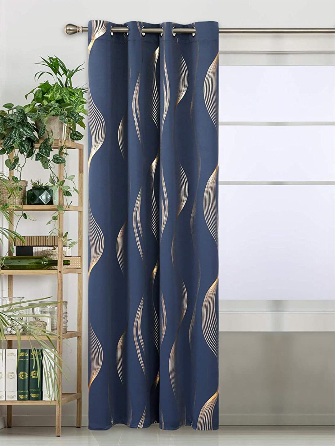 URBAN SPACE Navy Blue & Gold-Toned Printed Black Out Door Curtain
