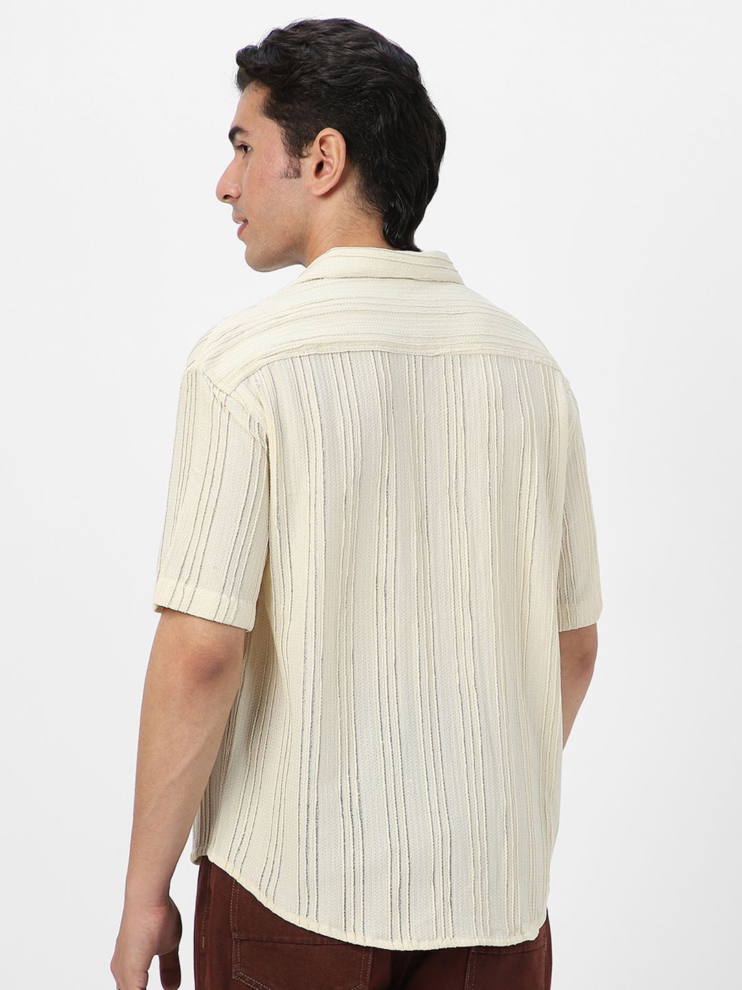 Urbano Fashion Oversized Fit Self Design Cuban Collar Cotton Casual Shirt