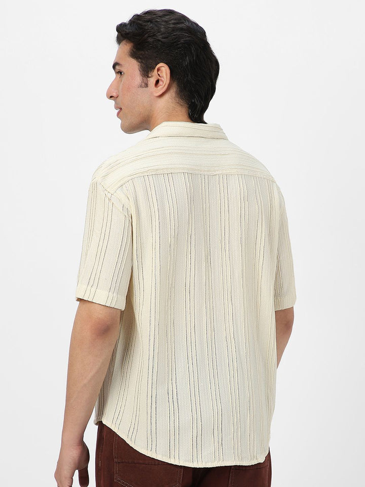 Urbano Fashion Oversized Fit Self Design Cuban Collar Cotton Casual Shirt