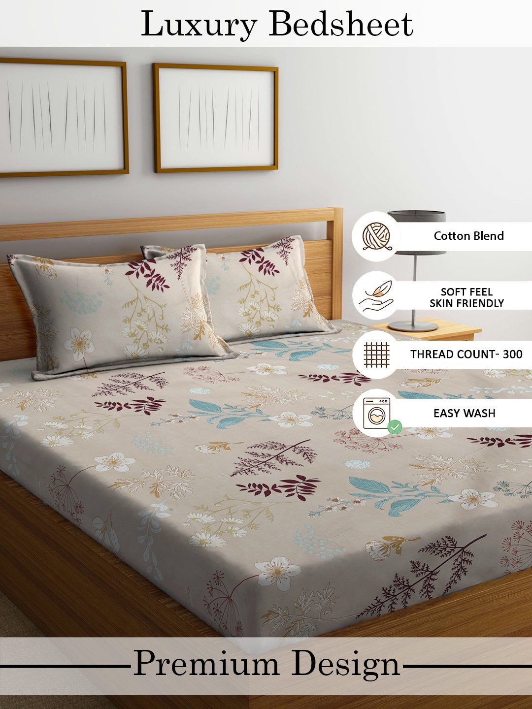 Myntra Elegant Homes Multicoloured Floral 300 TC King Bedsheet with 2 Pillow Covers