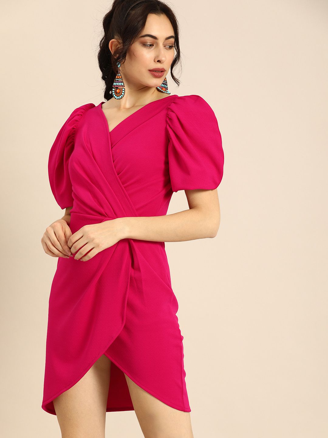 Athena Charming Fuchsia Pink Power Shoulders Tulip Hem Wrap Dress