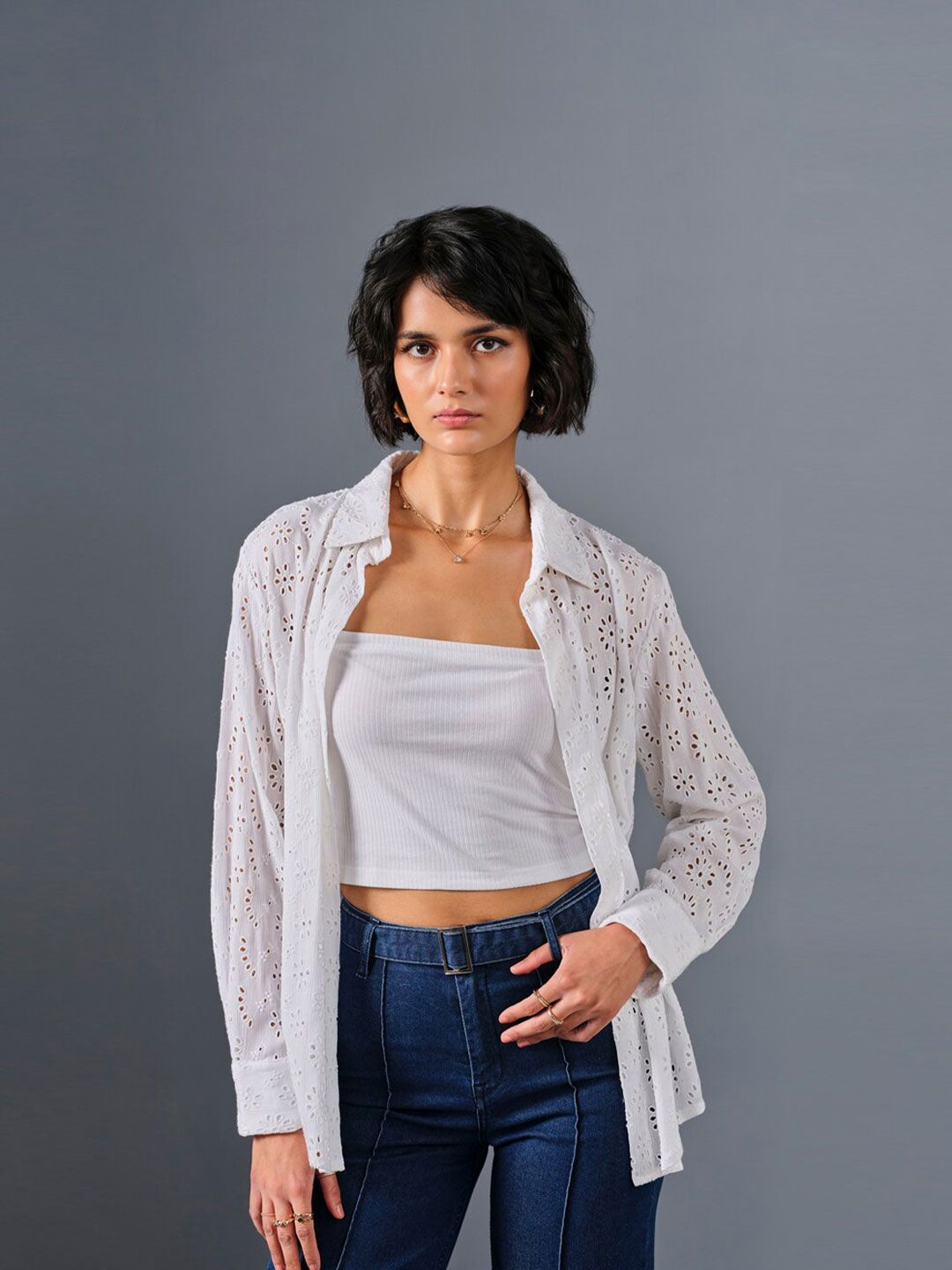 AND Shirt Collar Long Cuffed Sleeves Self design Longline Top