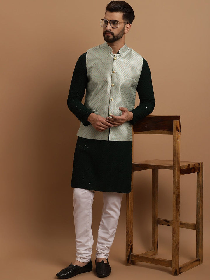 SOJANYA Ethnic Embroidered Sequinned Pure Cotton Kurta & Churidar With Nehru Jacket