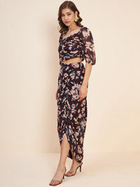Antheaa Brown Rounched Floral Printed Square Neck Puff Sleeve Co-Ords