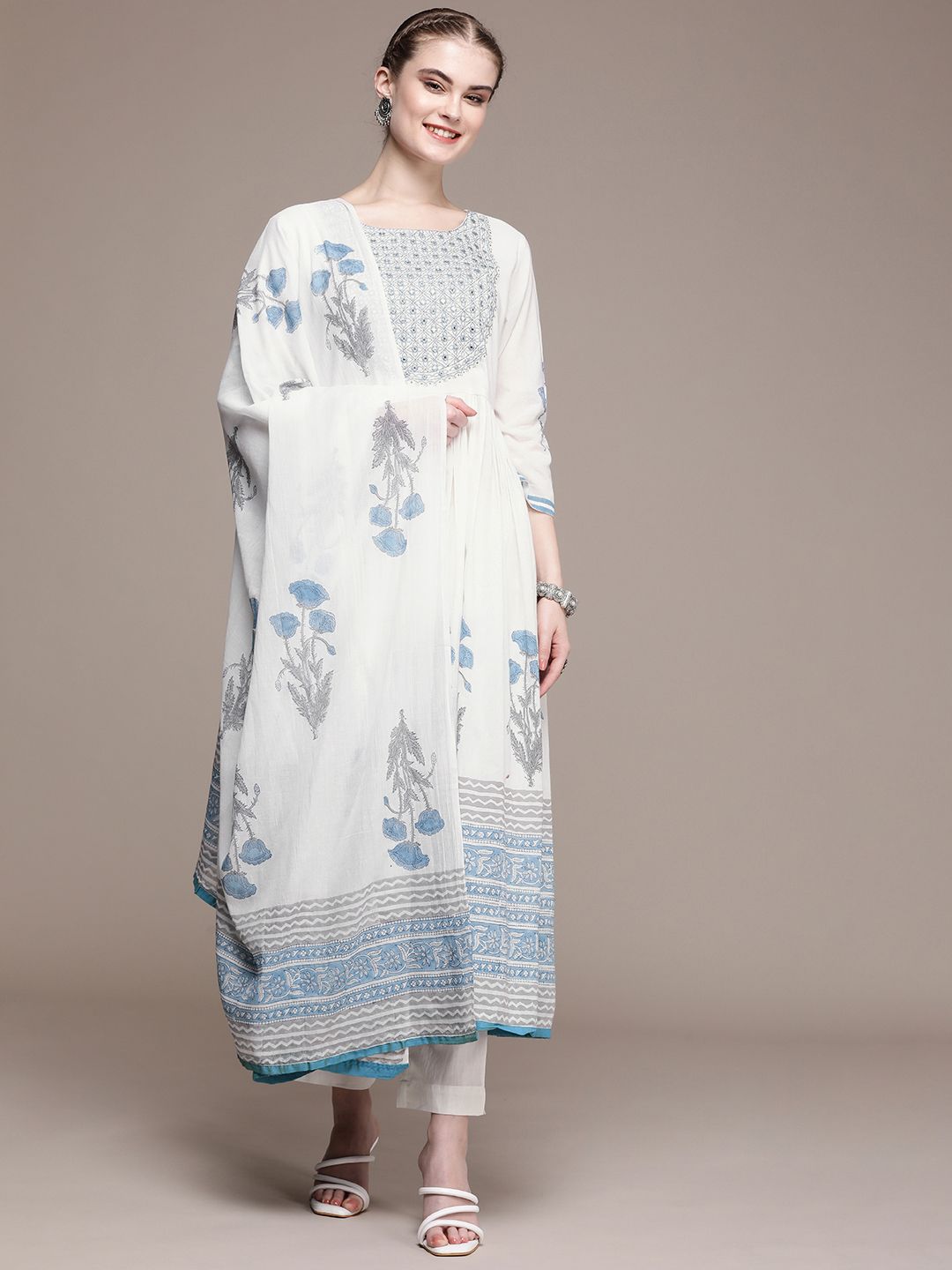 Anouk Women Floral Yoke Design Regular Mirror Work Cotton Kurta with Trousers & Dupatta