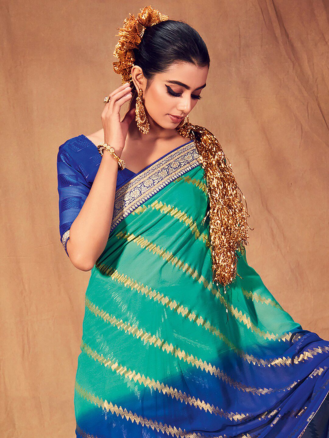 Saree mall Striped Woven Design Zari Poly Georgette Sarees