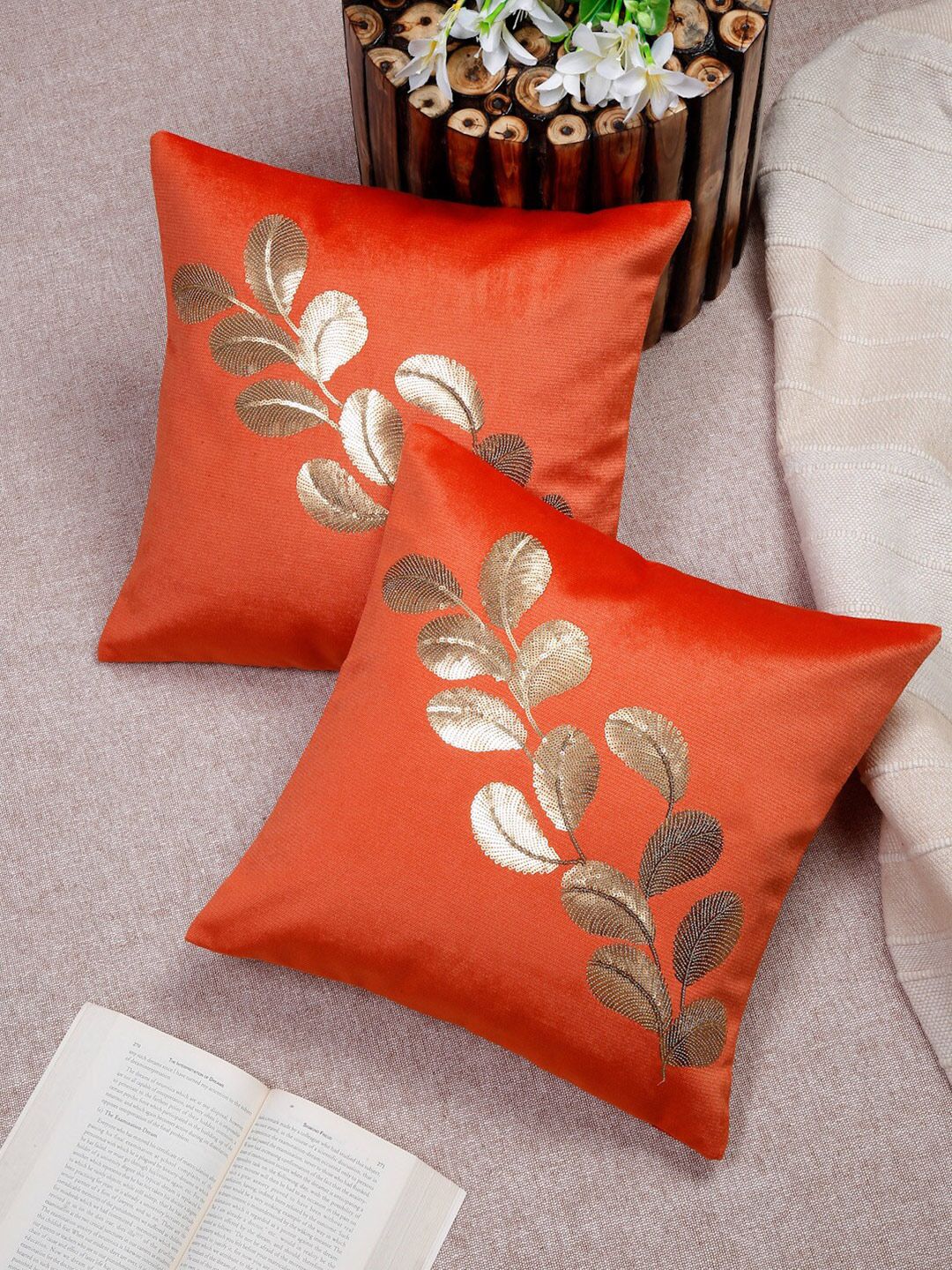 HOSTA HOMES Orange & Gold Set of 2 Floral Square Cushion Covers