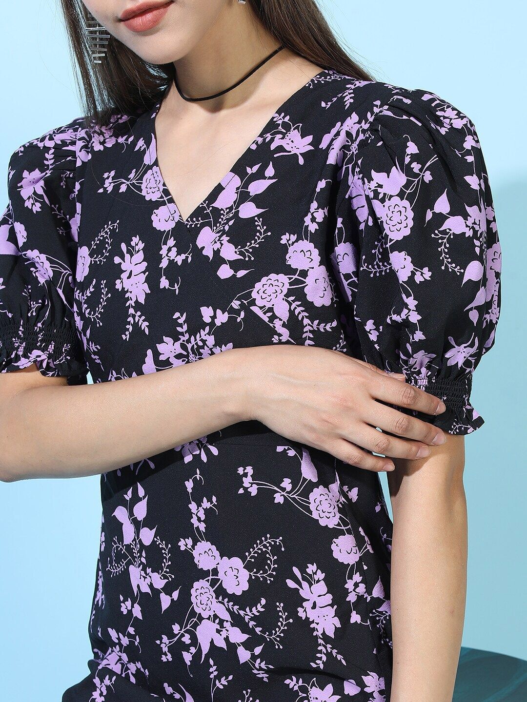 Tokyo Talkies Black & Violet Floral A-Line Midi Dress
