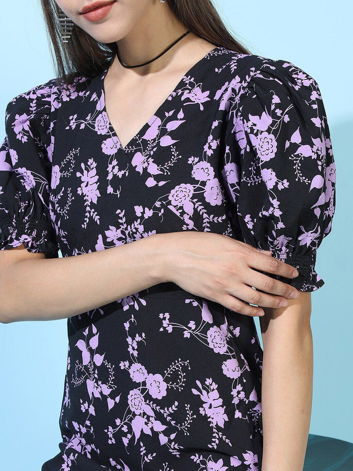 Tokyo Talkies Black & Violet Floral A-Line Midi Dress