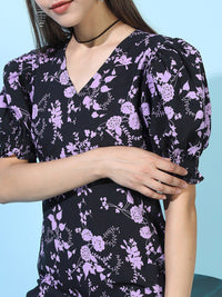 Tokyo Talkies Black & Violet Floral A-Line Midi Dress