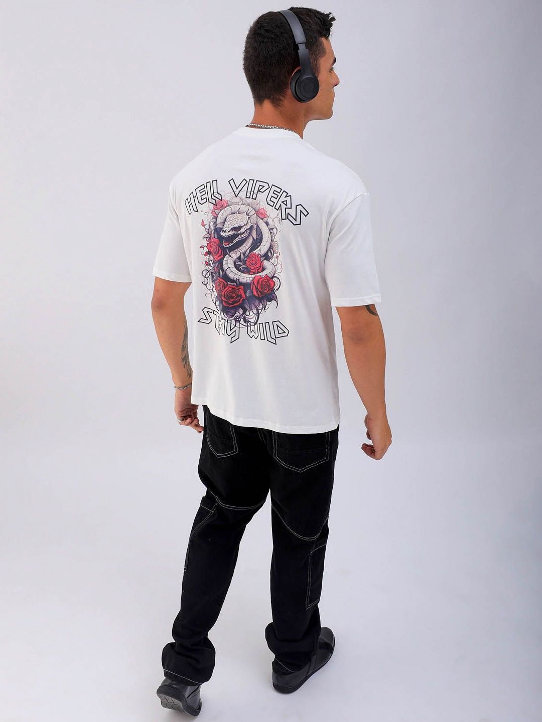 The Indian Garage Co Men Pure Cotton Back Printed Boxy Oversized Round Neck T-shirt
