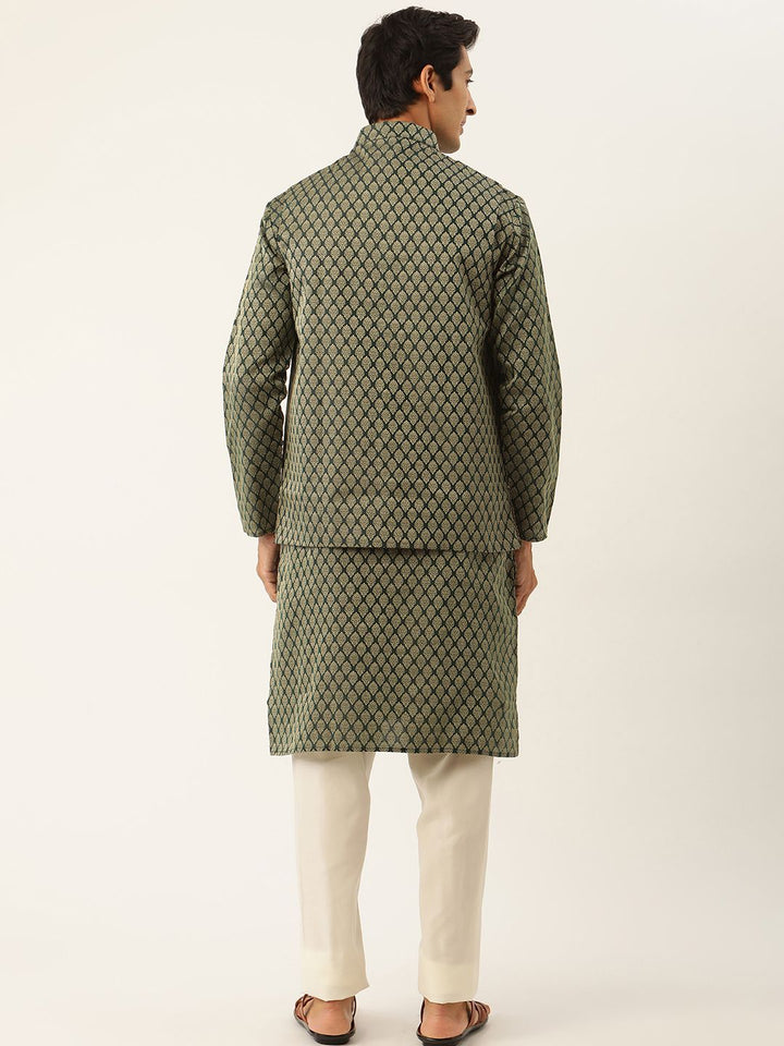 SOJANYA Kurta Motif Etnik Hijau Lelaki dengan Jaket Churidar & Nehru
