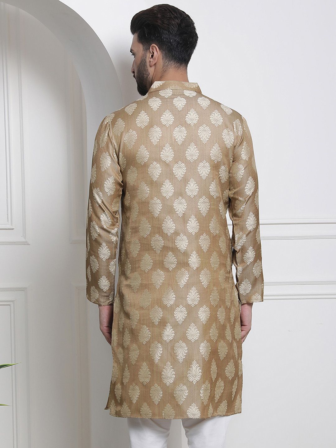 SOJANYA Lelaki Beige Motif Etnik Jacquard Kurta
