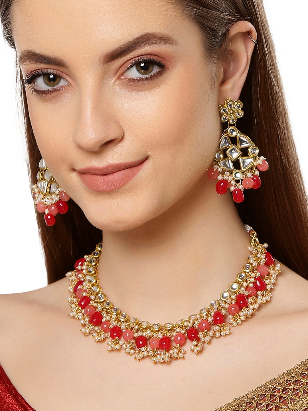 KARATCART Gold-Plated White & Red Kundan-Studded & Pearl Beaded Handcrafted Jewellery Set