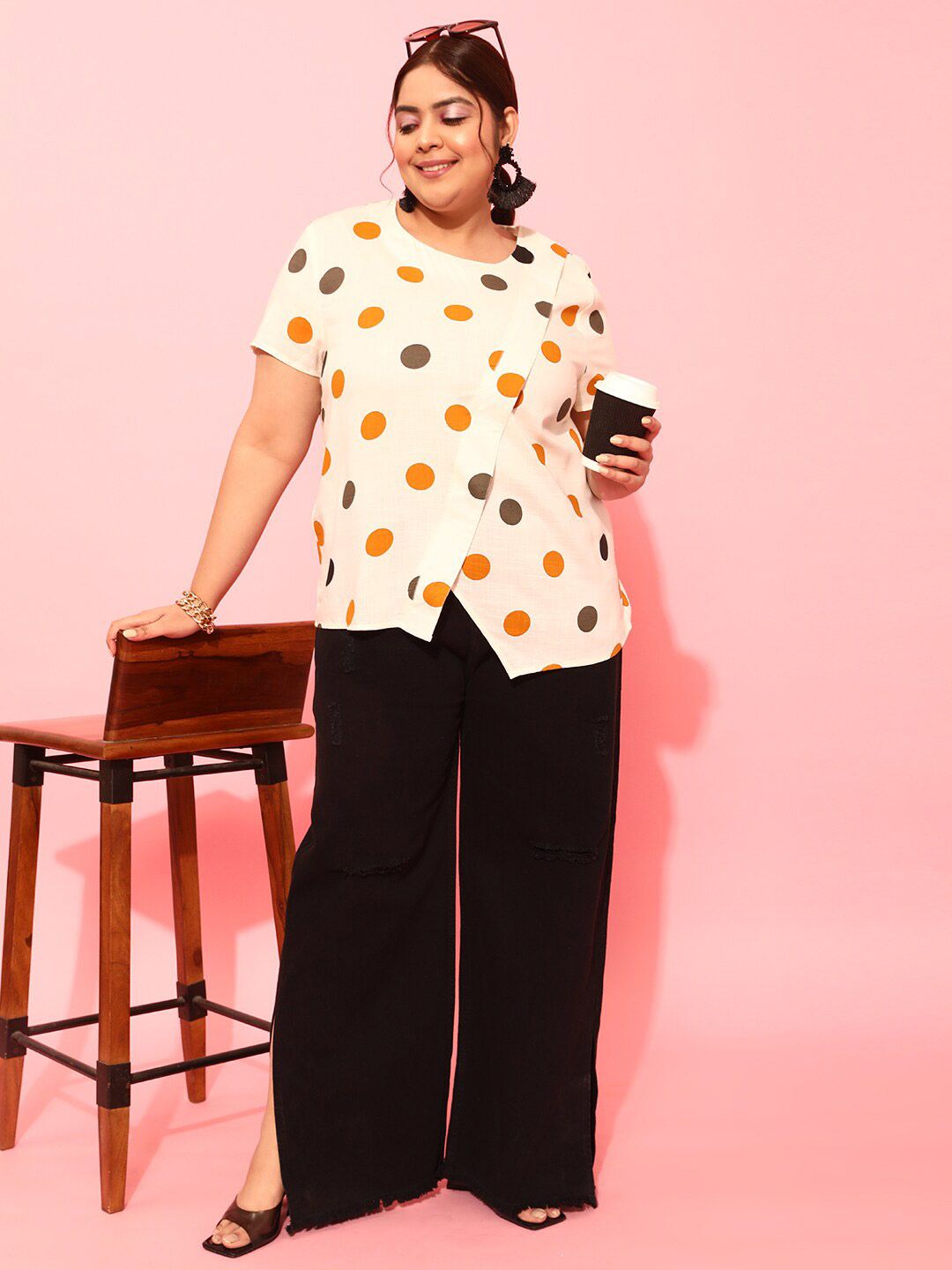 CURVY STREET Plus Size Polka Printed Round Neck Crepe Top