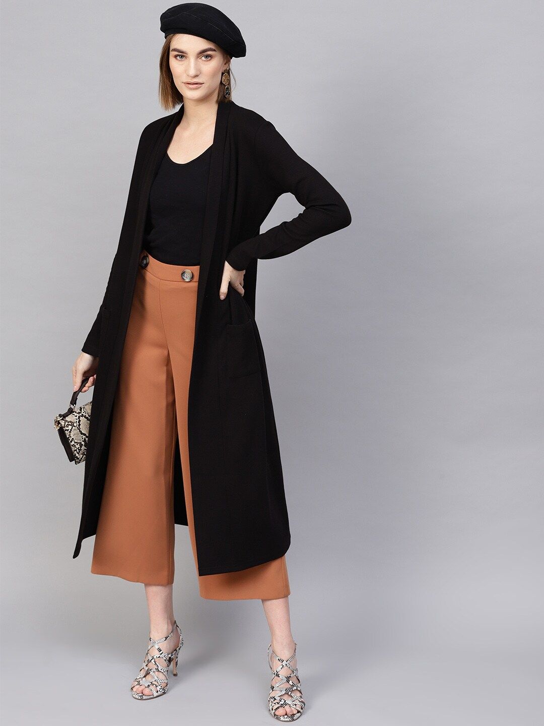 SASSAFRAS Women Black Ribbed Longline Open Front Shrug