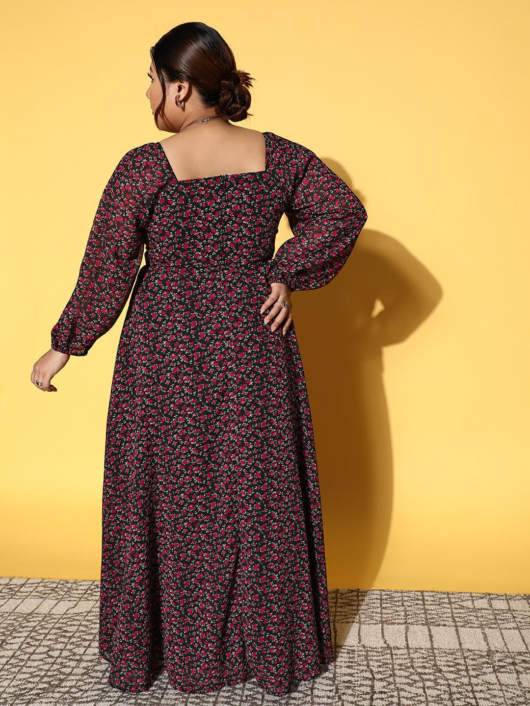 Berrylush Curve Floral Square Neck Georgette Flared Maxi Dress
