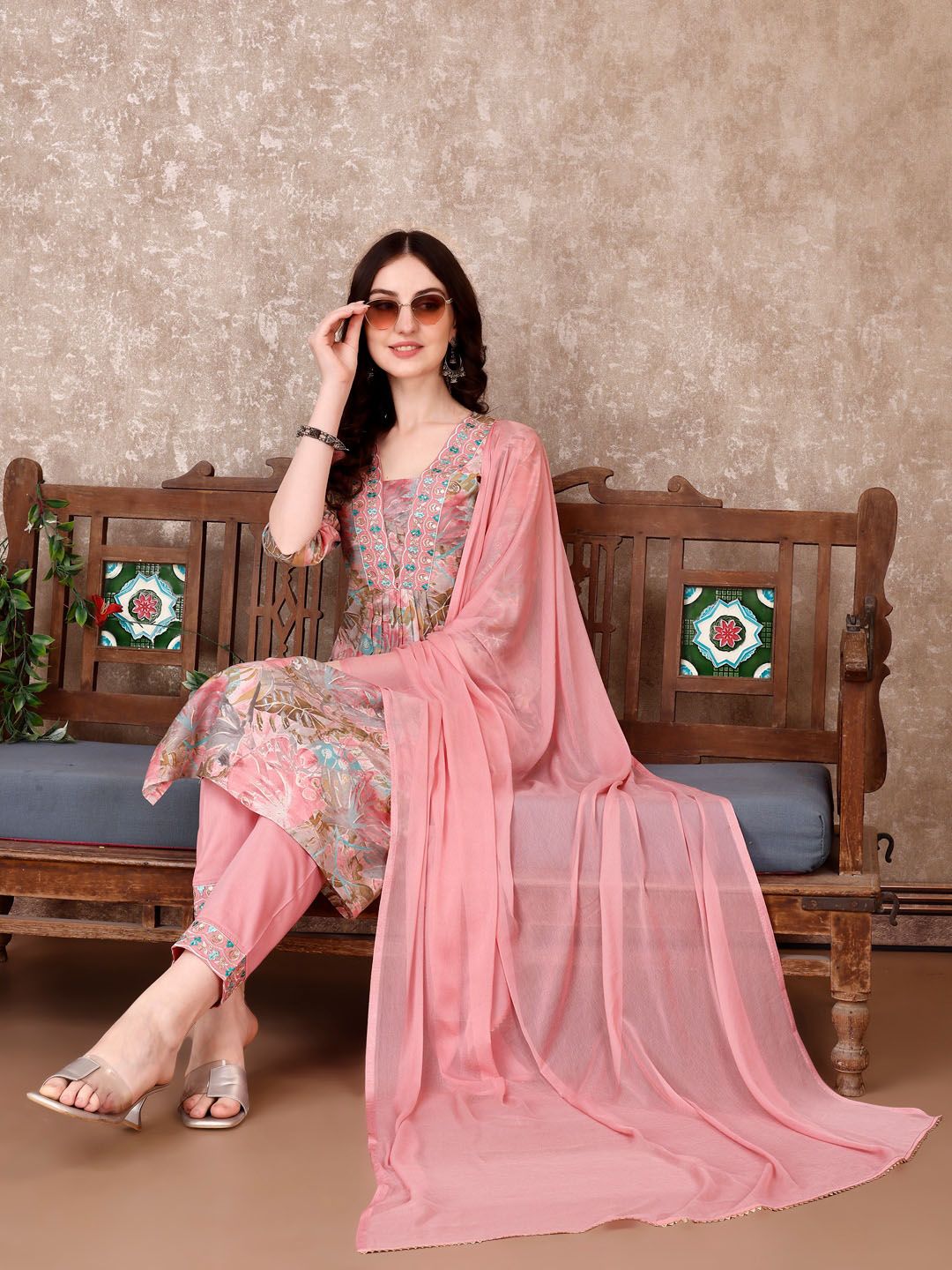 KALINI Floral Printed Regular Thread Work Kurta with Trousers & Dupatta