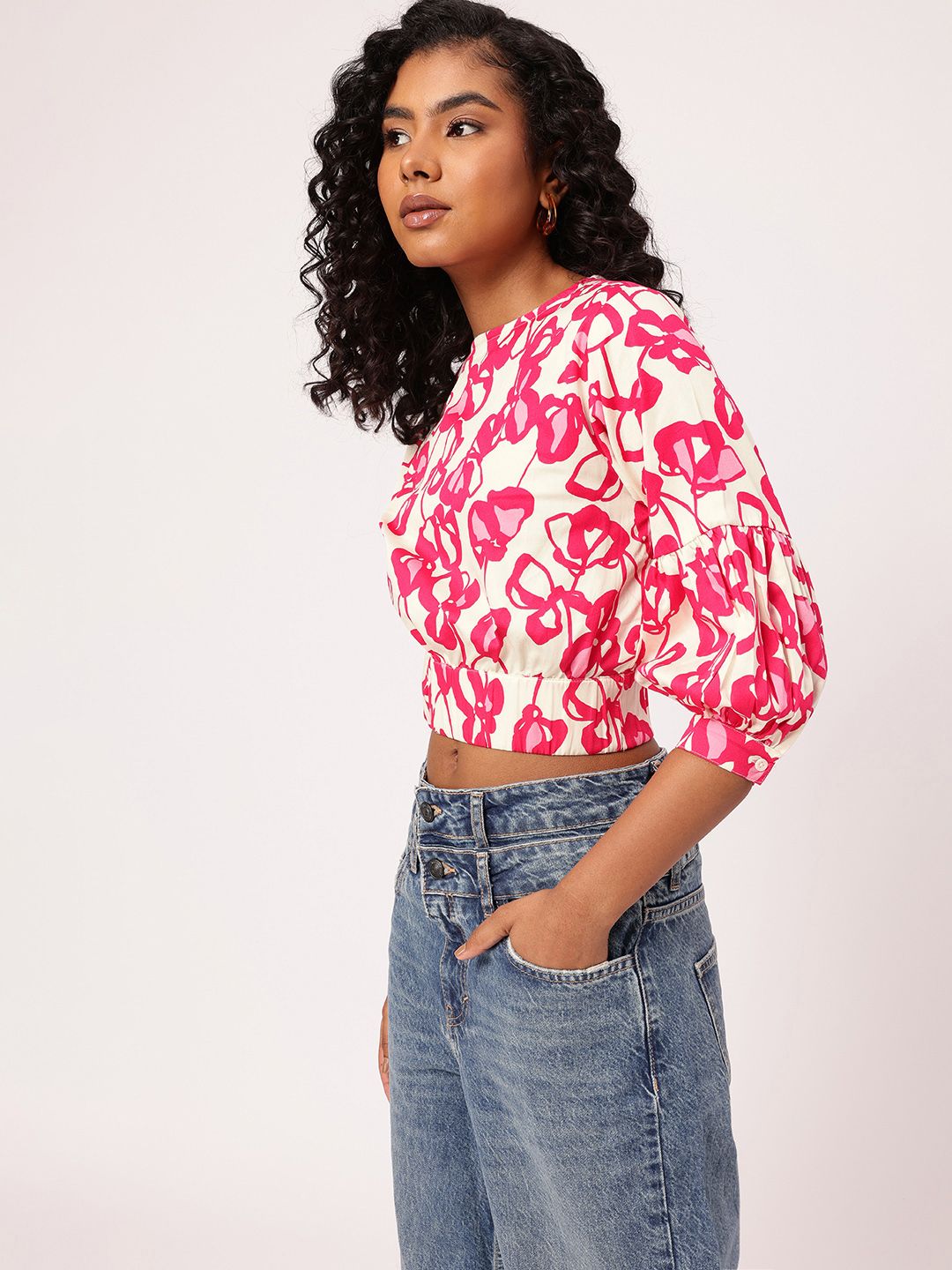 DressBerry Holiday Floral Splash Printed Cinched Waist Crop Top