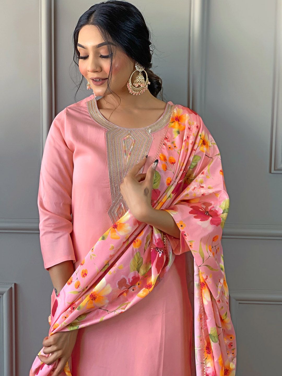 KALINI Floral Yoke Design Regular Straight Kurta With Trousers & Dupatta