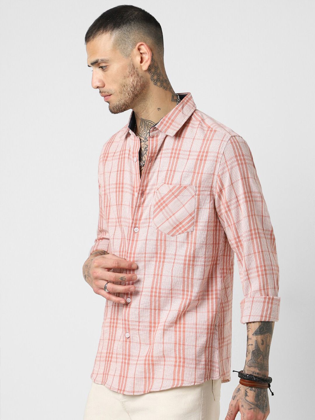 VASTRADO Slim Fit Tartan Checked Spread Collar Cotton Casual Shirt