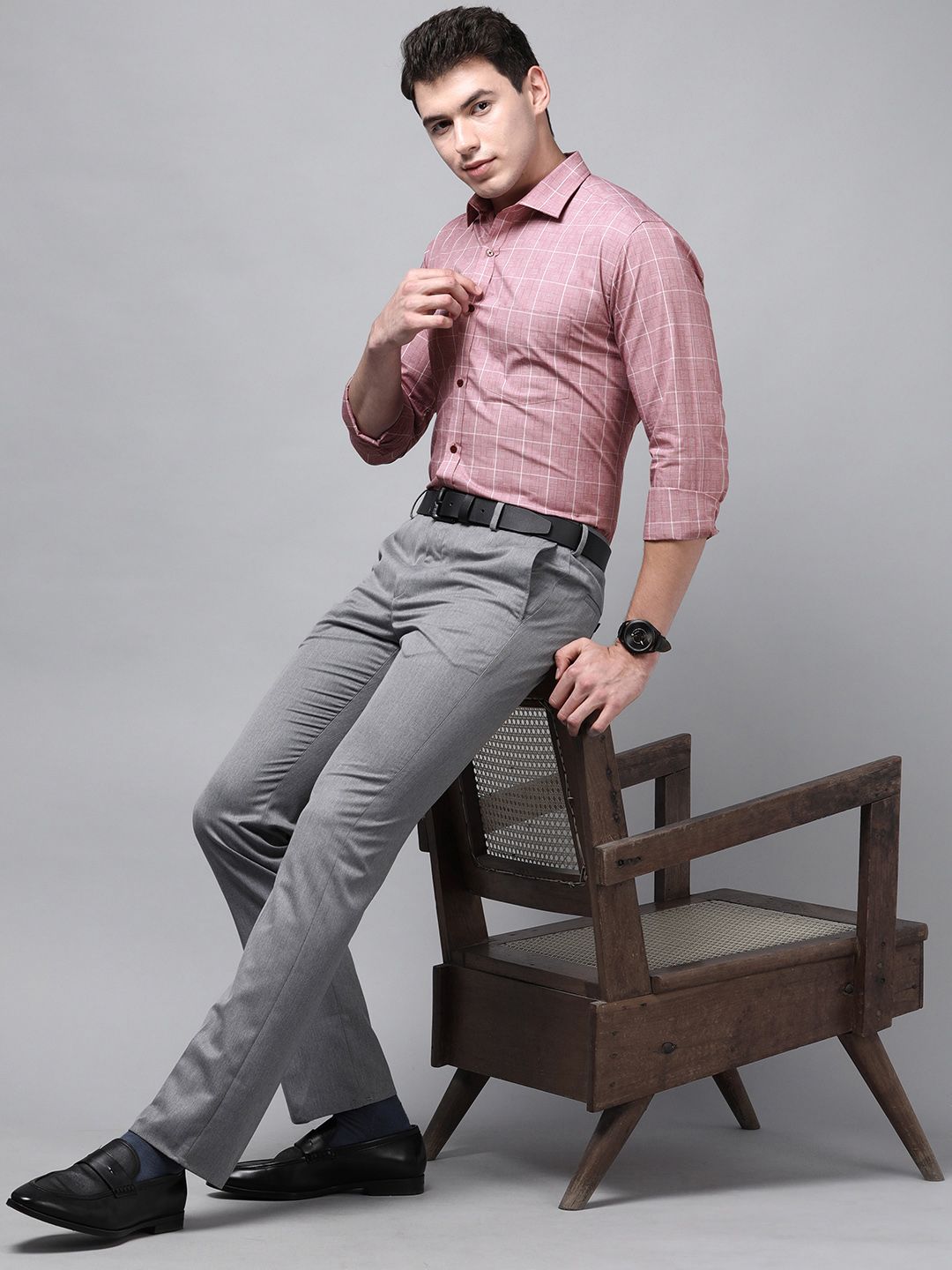 Park Avenue Men Pink Slim Fit Windowpane Checked Pure Cotton Formal Shirt