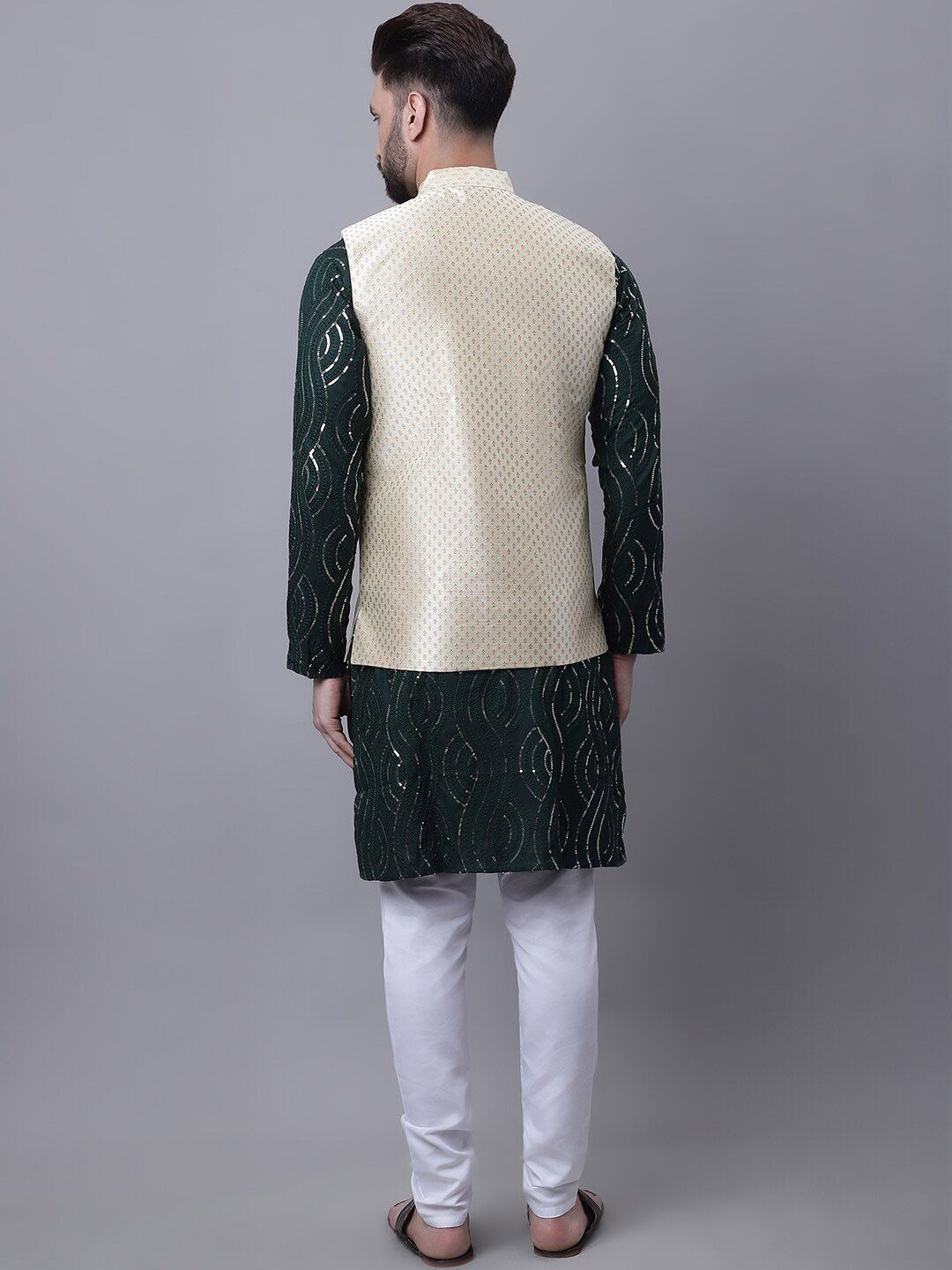 SOJANYA Leheriya Embroidered Sequinned Pure Cotton Kurta With Churidar & Nehru Jacket
