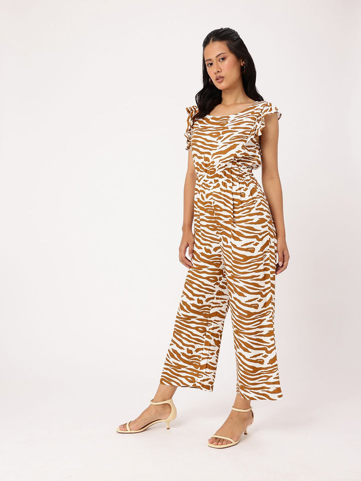 DressBerry Fierce Charm Pleated Cut-Out Animal Printed Cropped Basic Jumpsuit