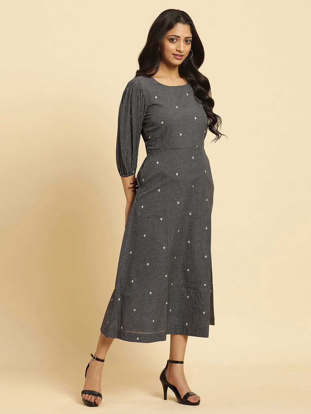 W Checked Puff Sleeves A-Line Pure Cotton Midi Dress